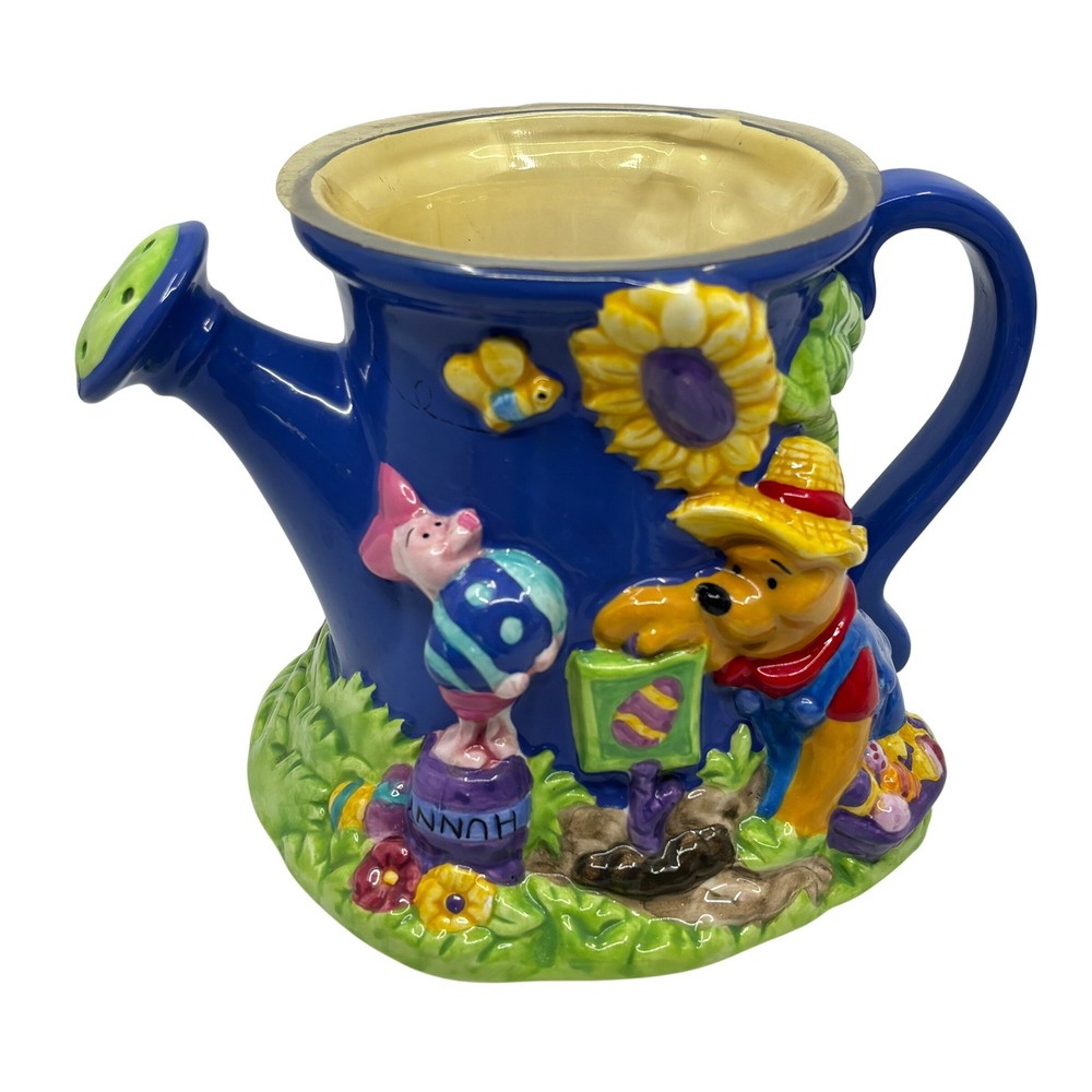 Vintage Disney Winnie the Pooh Eeyore Piglet Ceramic Watering Can Planter Blue